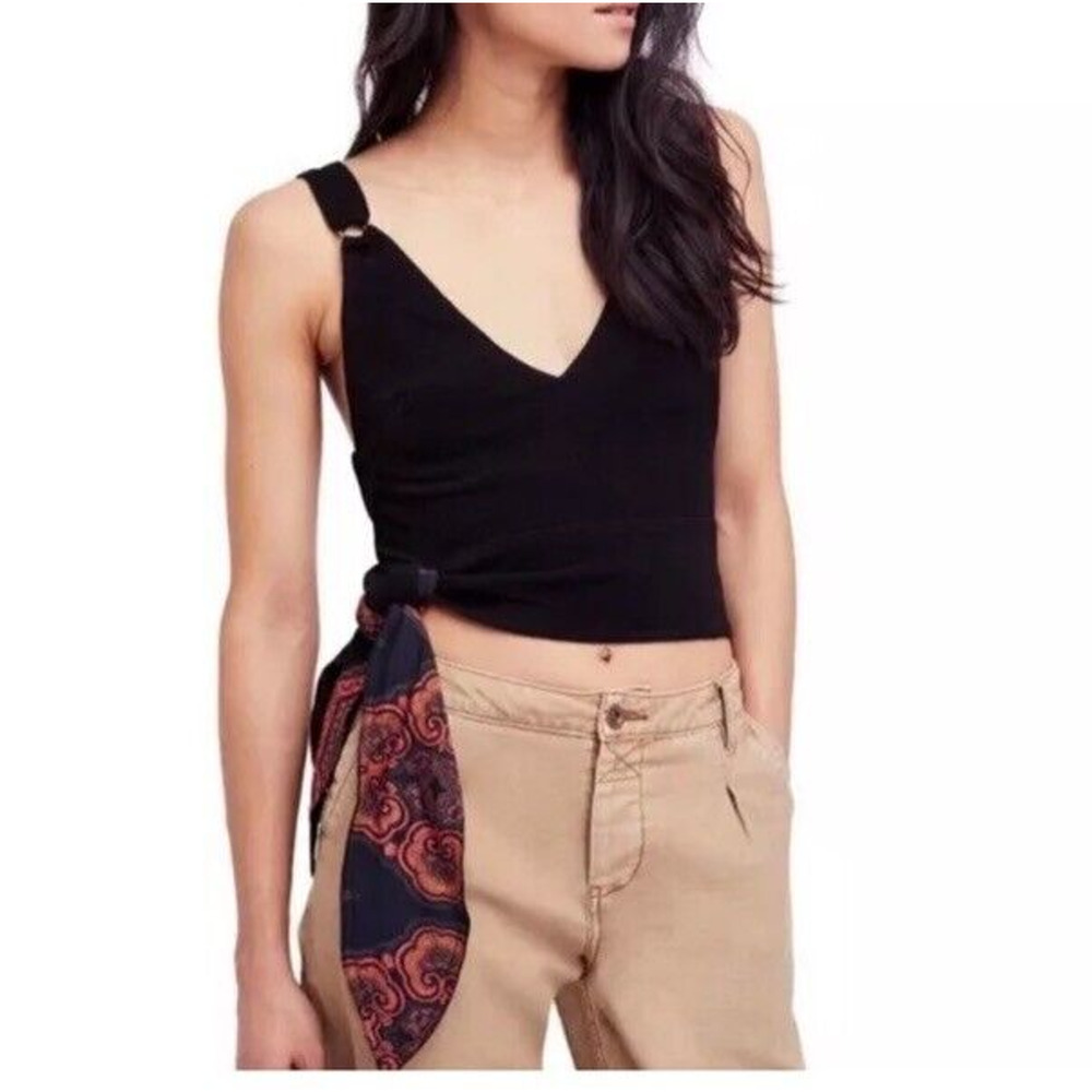 Free People Top women's Small Paisley Pop V-Neck Crop Tank Waist Tie Bohemian